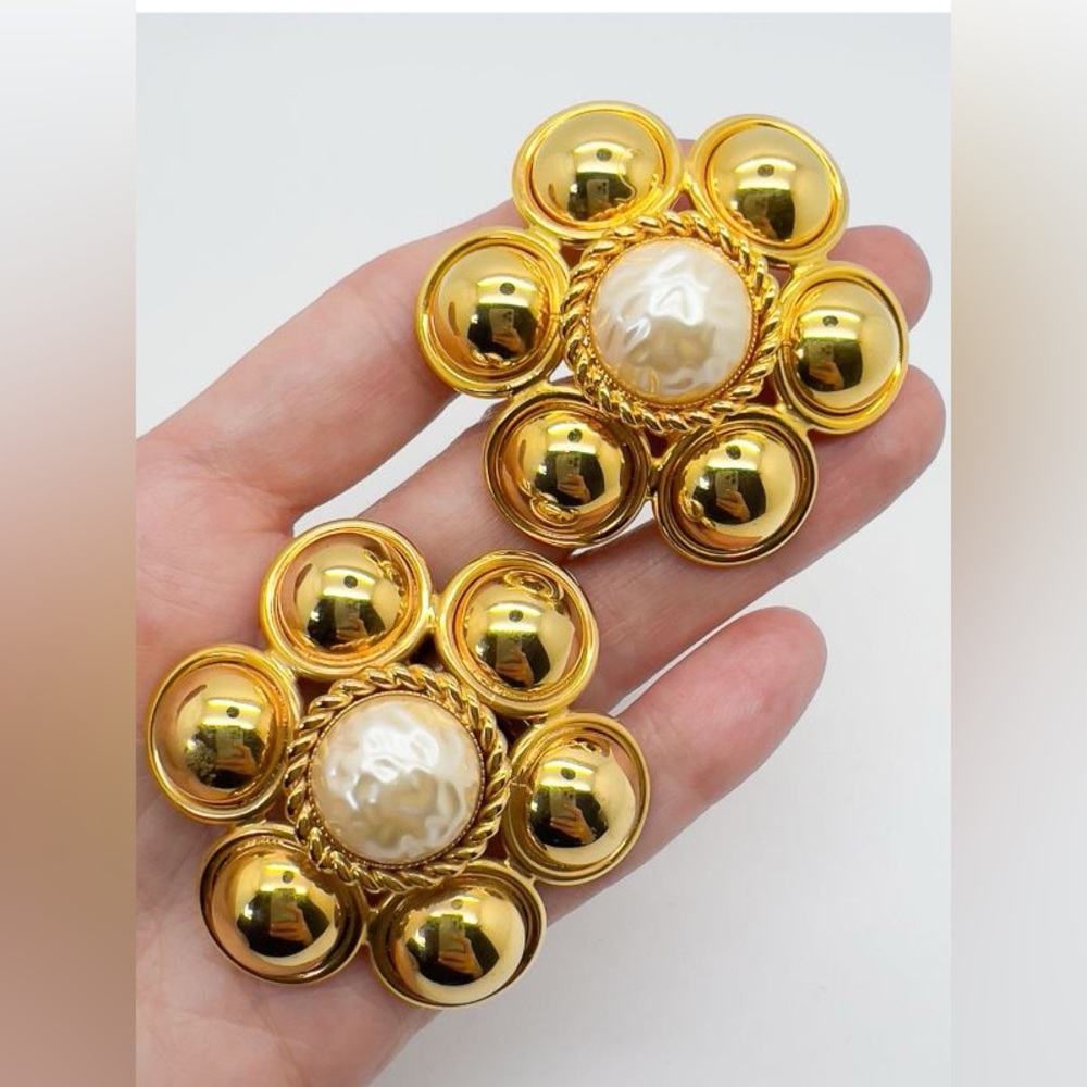 Vintage Statement Gold Pearl Flower Earrings 1960s